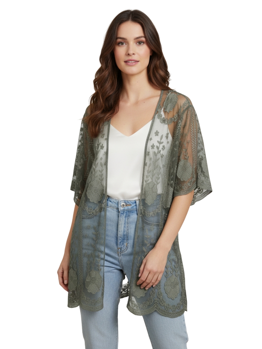 Sheer Olive Green Embroidered Lace Kimono